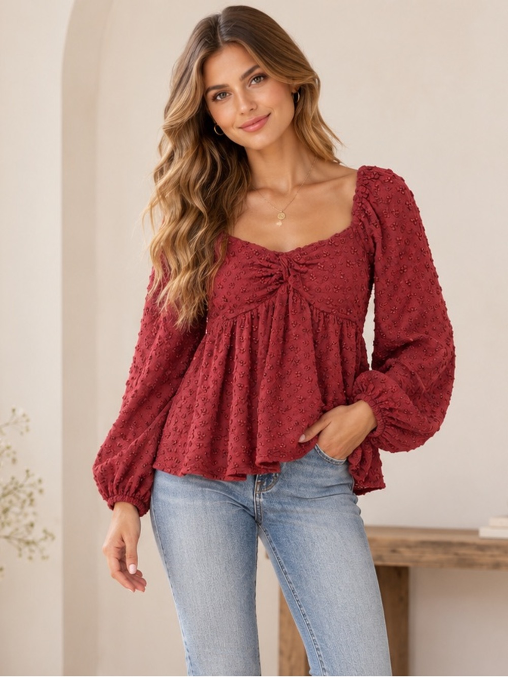 American Eagle Textured Sweetheart Twist-Front Babydoll Blouse- Size XS